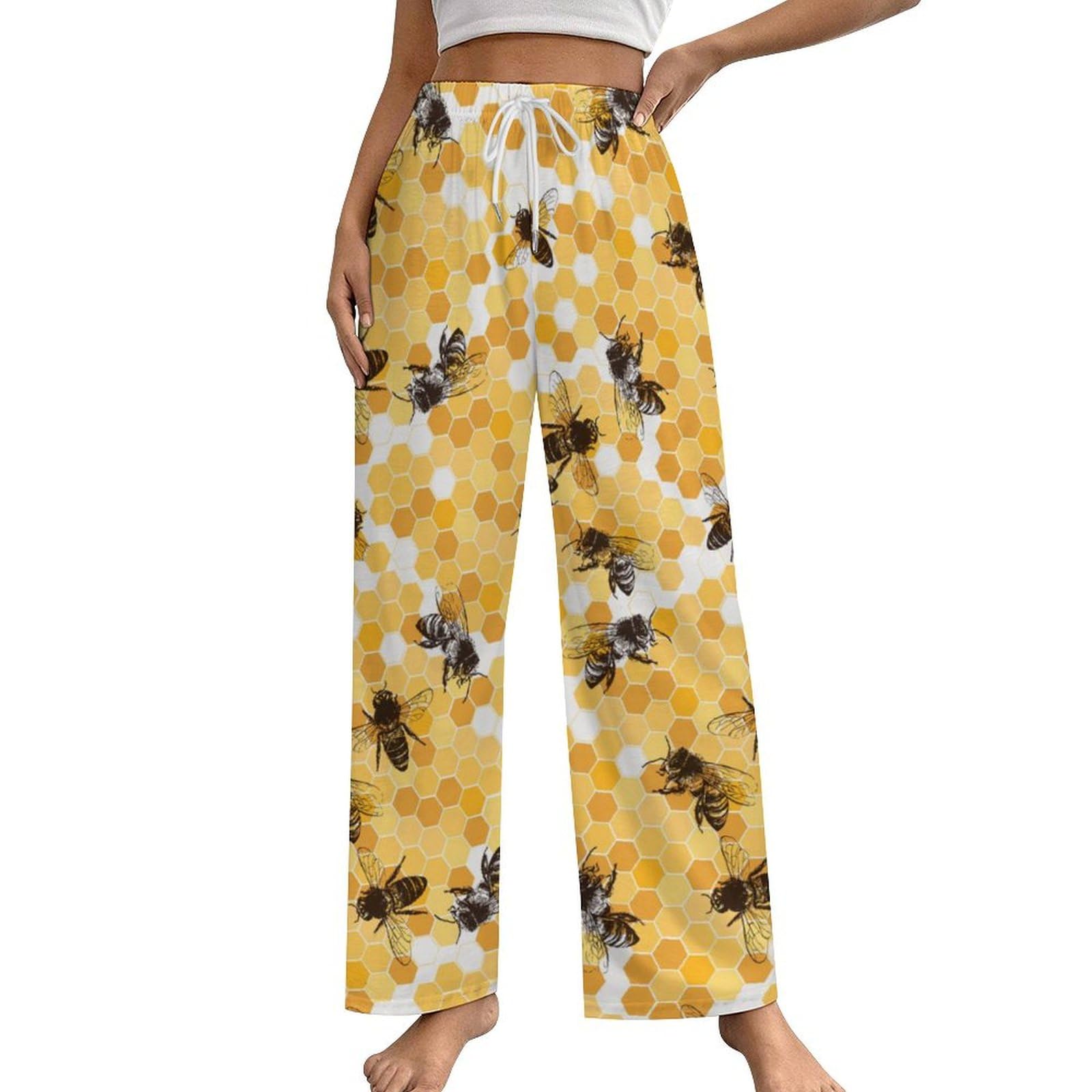 Yellow Bees and Honeycombs Women's Wide Leg Pajama Pants Comfy Casual Lounge Pajama Bottoms Drawstring Sweatpants with Pockets S-5XL