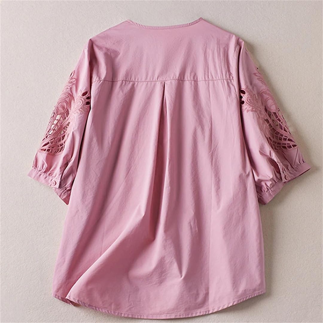Wvapzxx Camicia da donna a maniche corte con ricamo cavo girocollo camicia estiva casual allentata