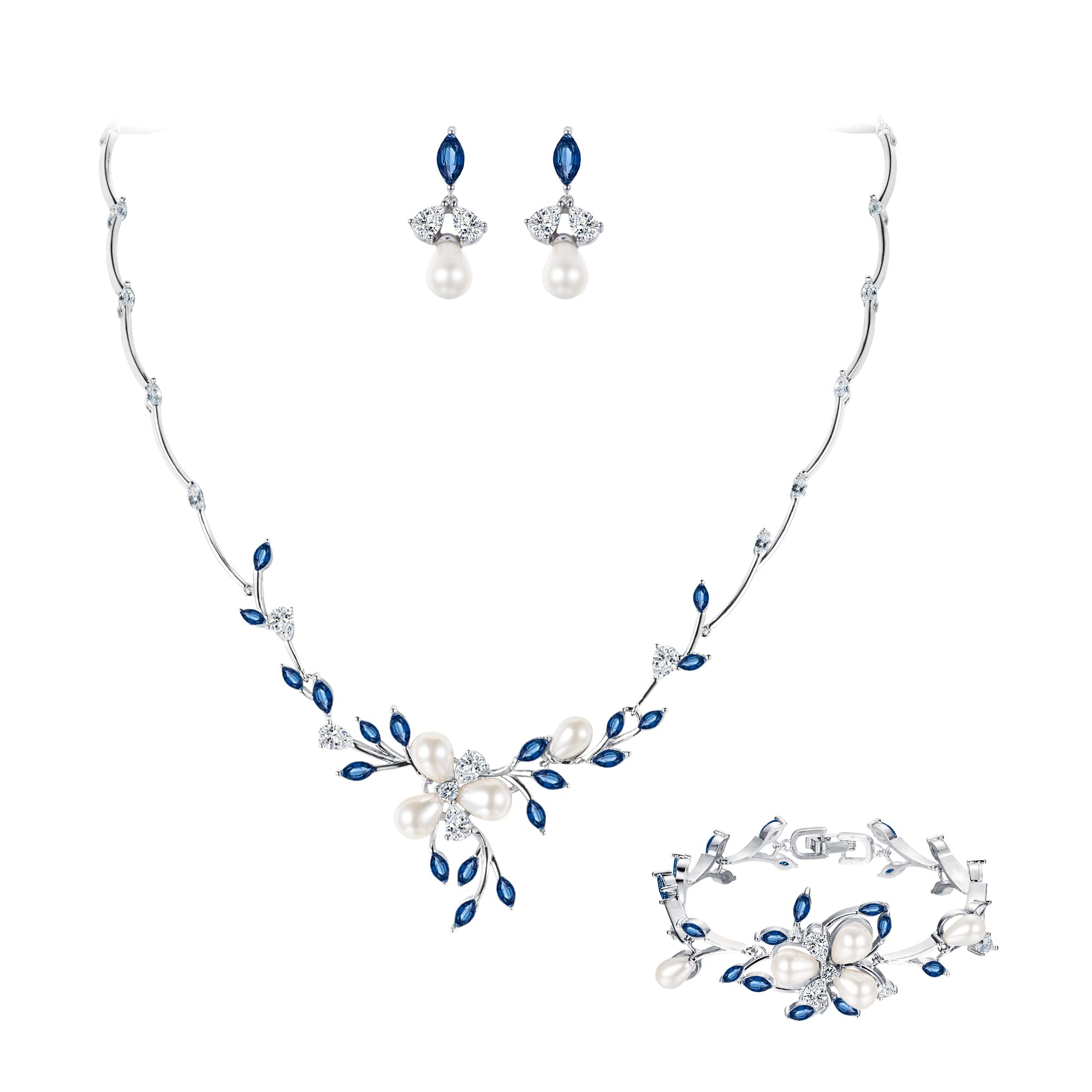 EVER FAITH Juegos de Joyas para Mujer Zirconia Cúbica Perla Simulada Collares Pendientes Pulsera Conjunto