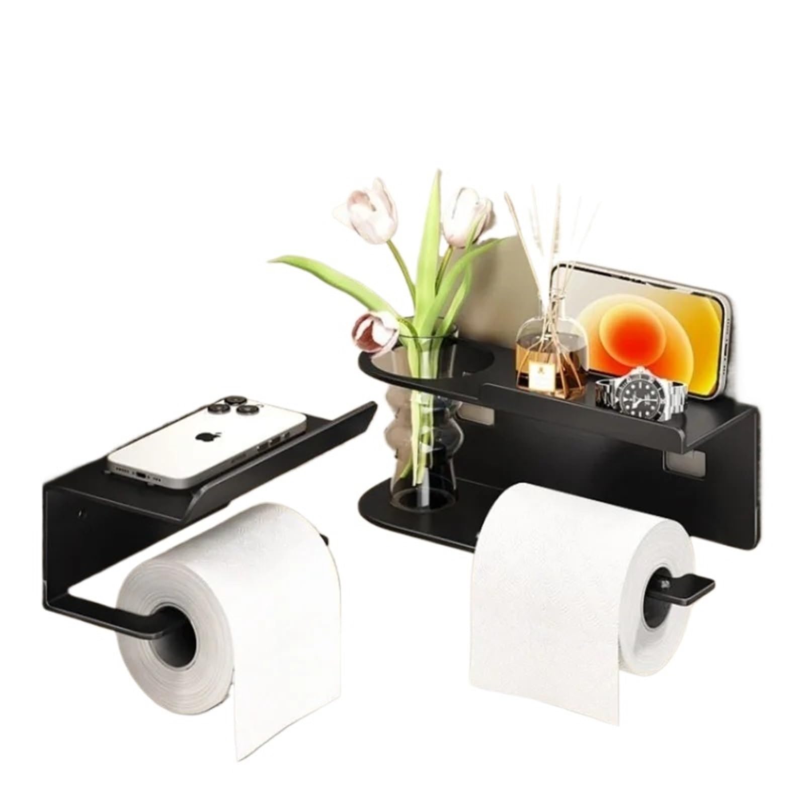 Portarotolo WC adesivo con mensola Porta carta igienica a parete | Con dispenser for rotoli e ripiano portaoggetti: organizer salvaspazio for il bagno di casa(Grey-B)