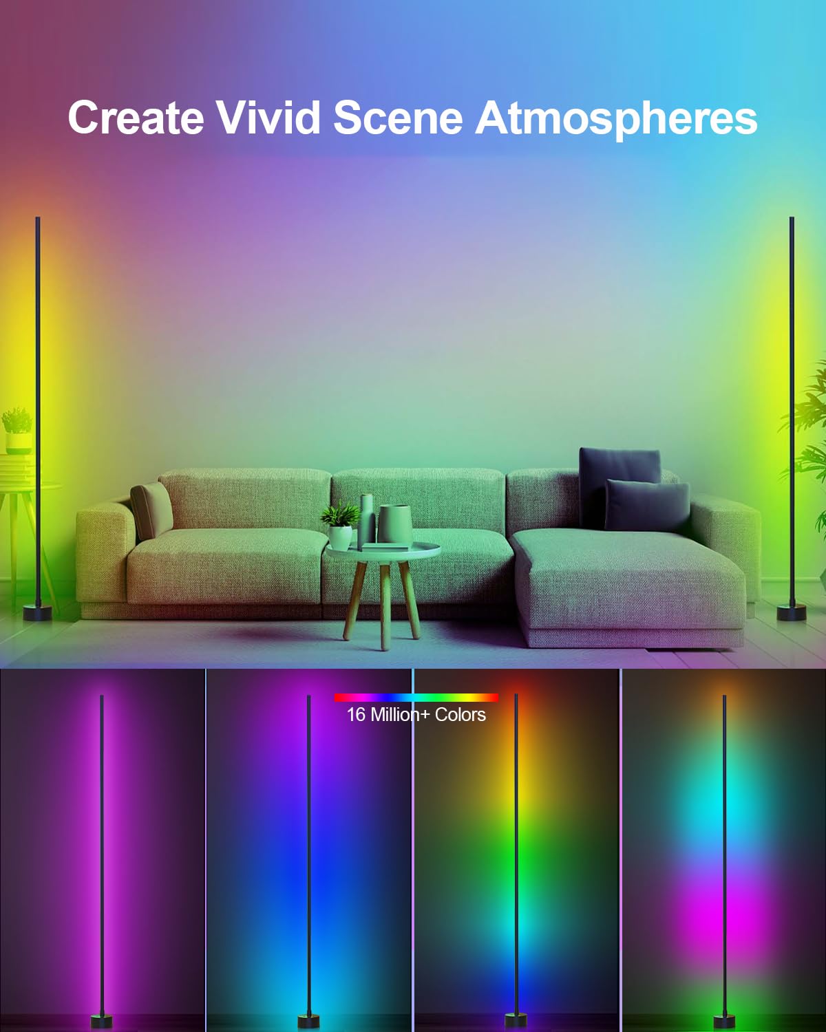 Miortior LED Stehlampe Wohnzimmer, 2PCS RGB Standleuchte Dimmbar mit Fernbedienung & App-Steuerung, Musik Sync, 16 Millionen Farben, 68 Szenenmodi, Ecklampe RGB für Wohnzimmer Schlafzimmer Gaming-Raum
