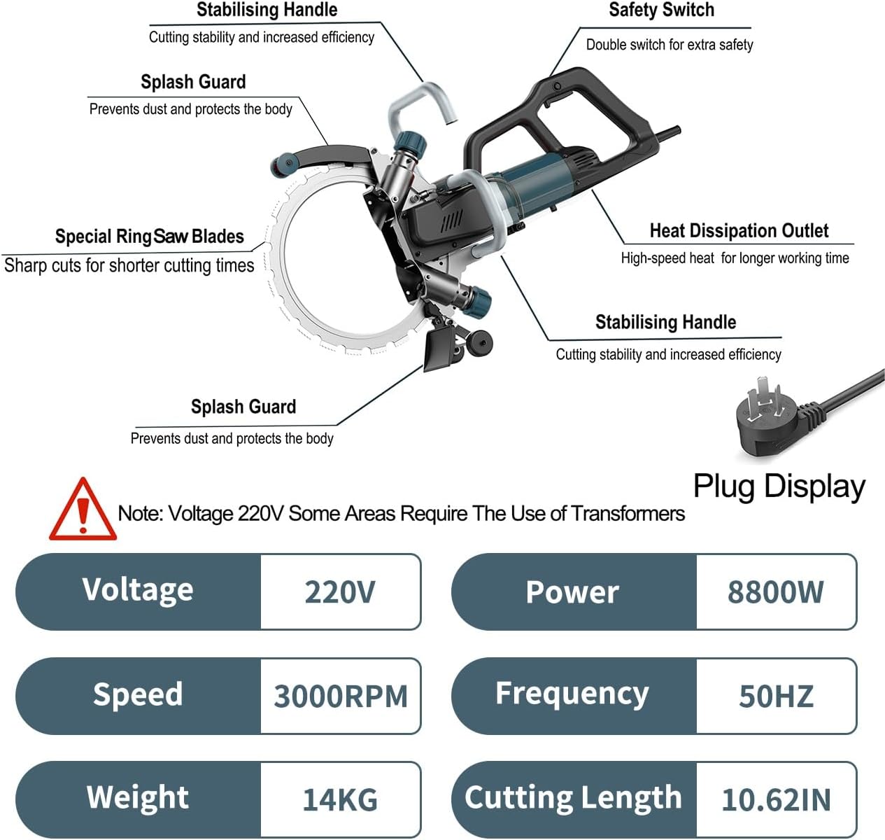 Toroidal Electric Concrete Saw, 220V 10.62IN Concrete Cutter Saw with Water Fed Dust Suppression, 8800W Power Equipped with a Saw Blade for Granite, Porcelain, Wood,Concrete, Stone, etc.