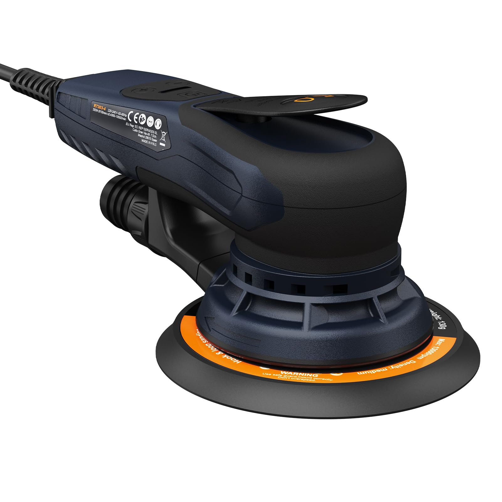 MAXXT Lijadora orbital sin escobillas 350W, Lijadora excéntrica 5.0， disco de 125mm&150mm, 4000-10000RPM(6 velocidades ajustables) Freno automático-2s, y 20 hojas de papel de lija