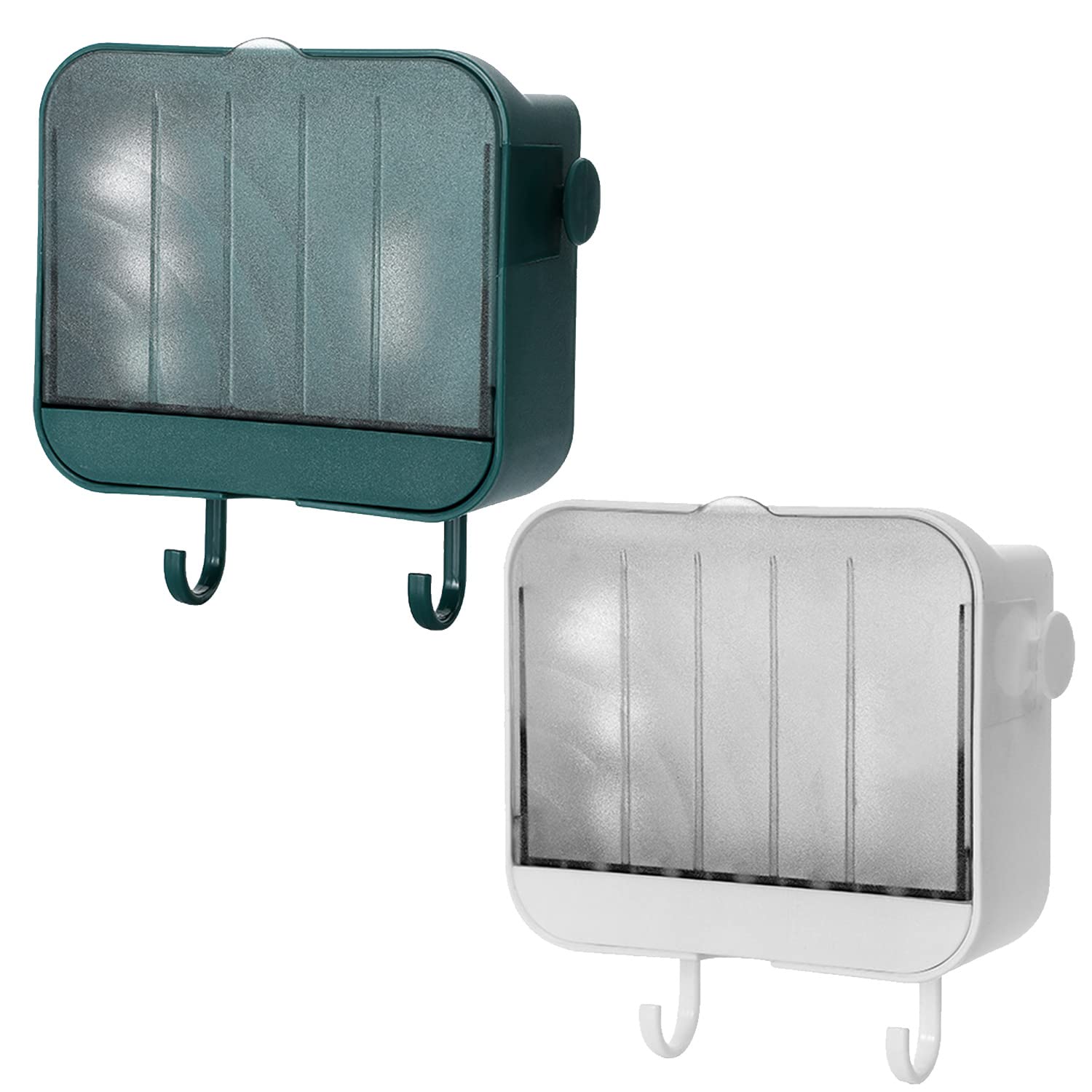 Soap Dish with Wall Mount, Hook-Free Soap Dish, Drain Flip Shower Room Bathroom Kitchen Shelf (White+Green)