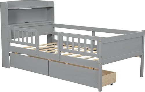 Miniatura 121 de Moderna plataforma de tamaño matrimonial con cabecera de almacenamiento y barandilla de seguridad para niños, plataforma de madera funcional con luz