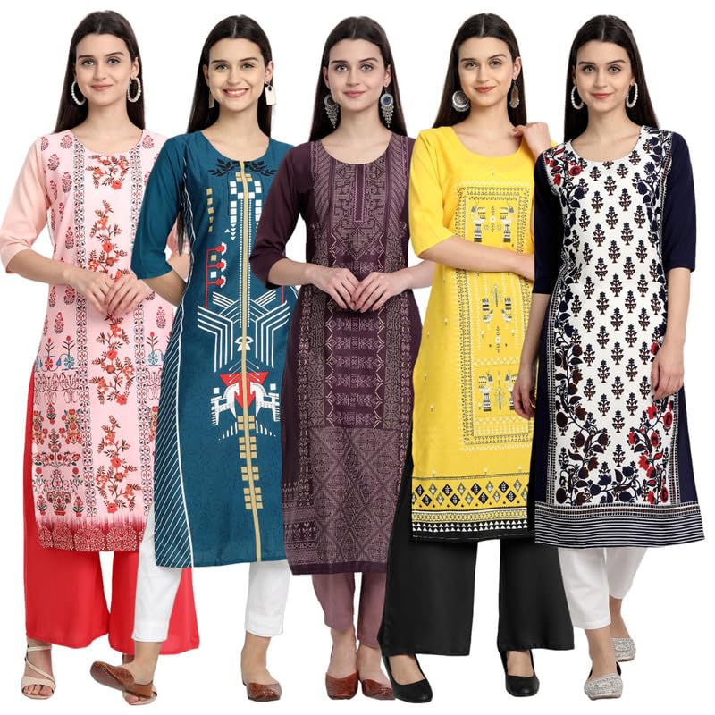 Pinkmint Women's Crepe Kurti For Women's Ll Traditional Kurti For Women Ll The Ultimate Kurti Collection (Pack Of 5)