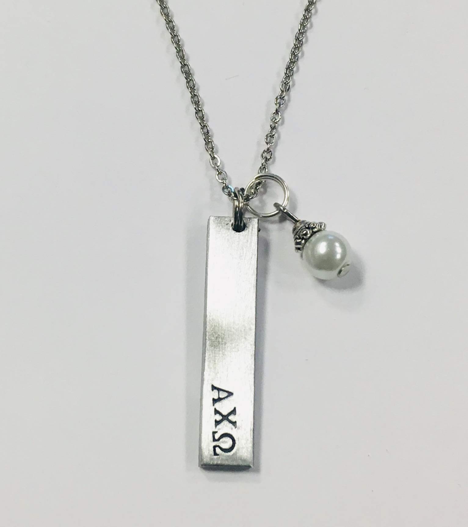 Alpha Chi Omega Bar Pendant with Glass Pearl Dangle, Sorority Greek Necklaces, comes on an 18 inch stainless steel link necklace with lobster claw