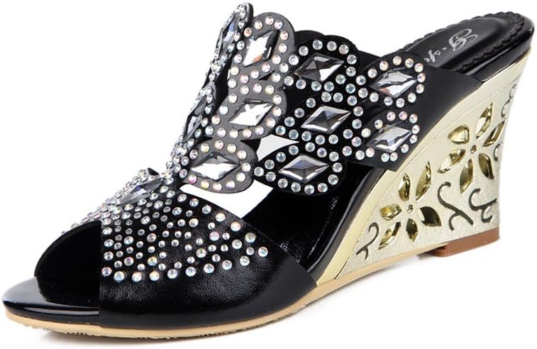 Women's Rhombus Shaped with Crystal Rhinestones Slip on Party Dress Wedge Sandals (9, Black)