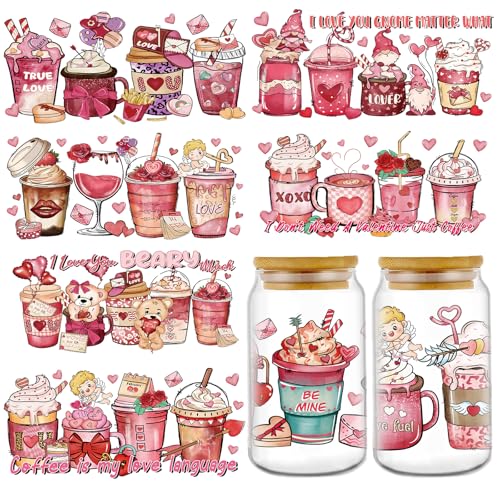 Shejdgart UV DTF Cup Wrap - 8 Pcs Valentines Day Coffee Drinks UV DTF Stickers for 16 OZ Pink Valentines Day Gnome Waterproof UVDTF Transfer Decals for Glasses Cups Mug DIY Crafts