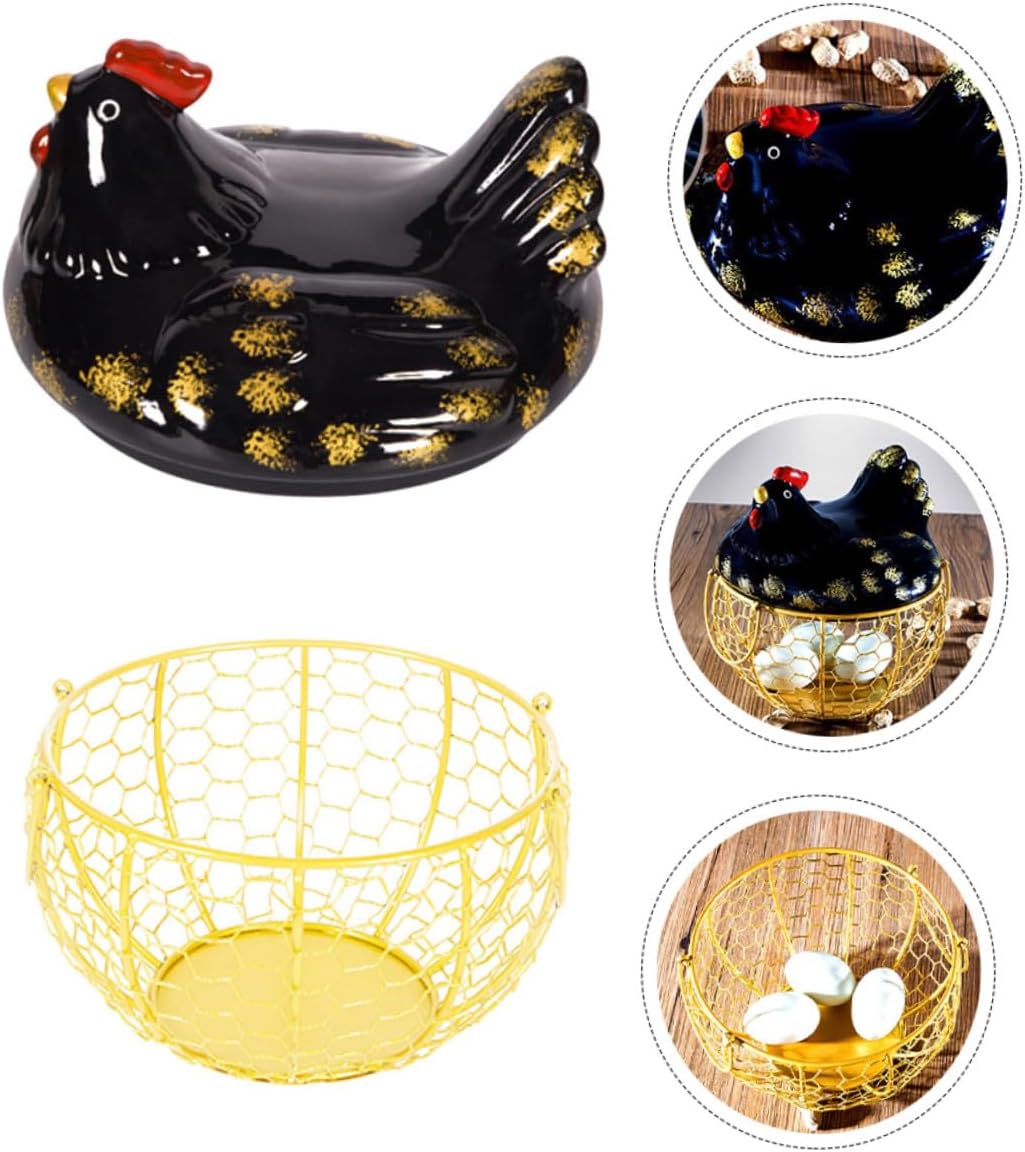 Iron Art Egg Basket and Chicken Shape Egg Holder Black with Golden Wire Kitchen Container for Home and Desktop Use