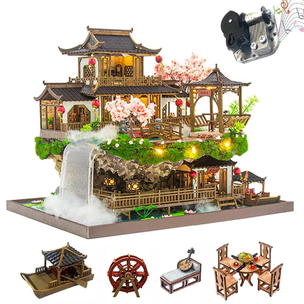 Kit per casa delle bambole in stile cinese, kit per casa delle bambole in legno con musica e luci a LED, kit fai da te per casa delle bambole in scala 1:24, casa in miniatura per adulti, regali di