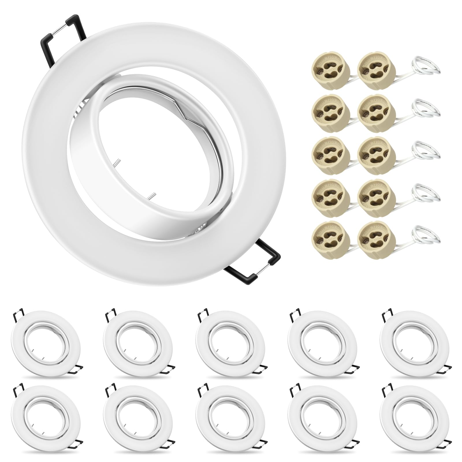 10x Moderne Einbaustrahler Rahmen, GU10 Einbauleuchten, inkl. GU10 Fassung, Decken Spot Chrom Rund, 30° Schwenkbar Einbauspots Rahmen, Außendurchmesser: 90mm, Ausschnitt Ø65-80mm (Ohne Leuchtmittel)