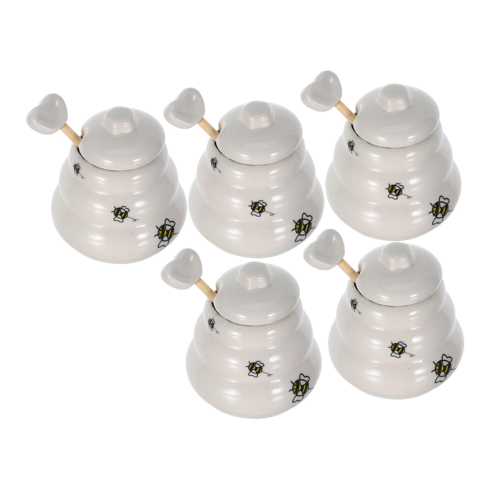COLLBATH 5Pcs Ceramic Honey Pot Jar Set with Dipper and Lid Design for Home Kitchen Decor and Present Giving for Honey Lovers and Special Occasions
