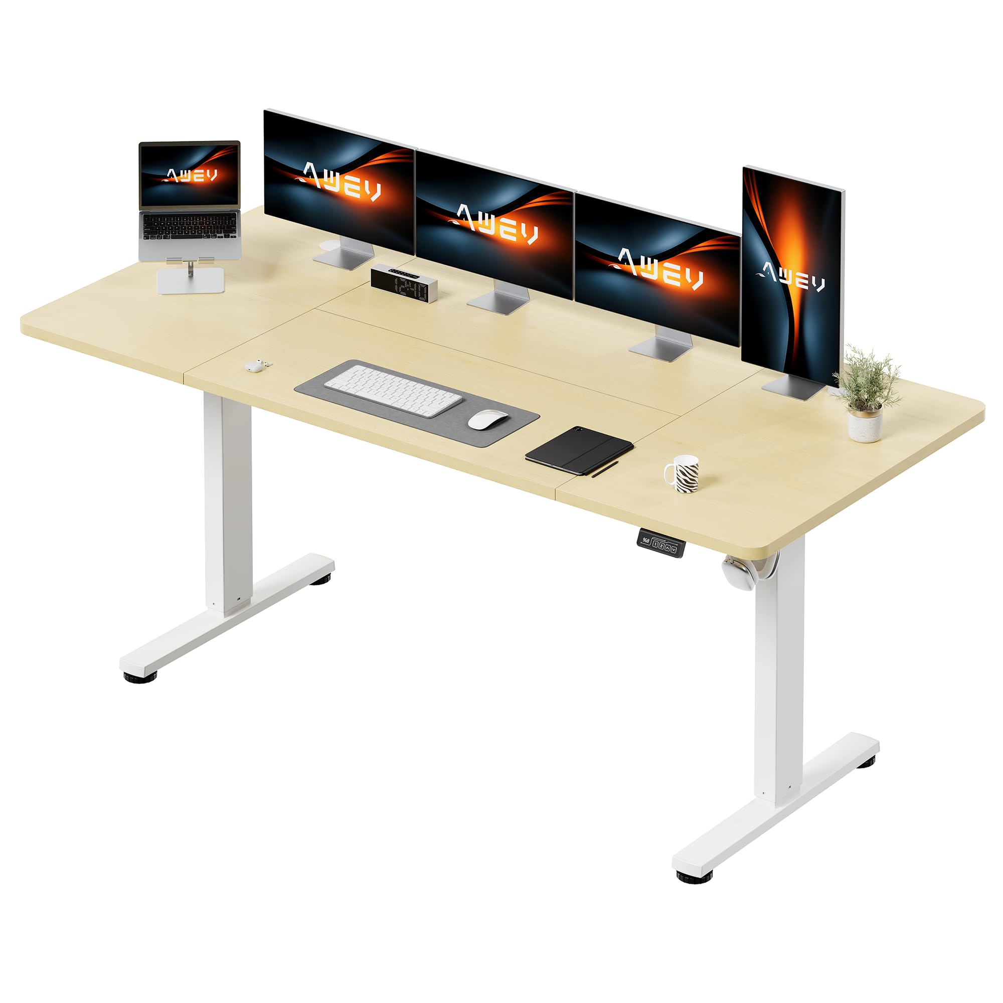 AWEV Electric Standing Desk 200 x 80 cm, Height Adjustable Sit Stand Desk with Backpack Hook & Memory Smart Pannel, Home Office Desk, Beige