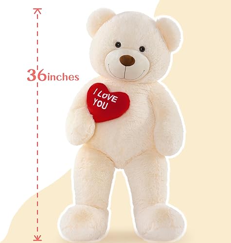 Miniatura 7 de BENINY Ositos de peluche grandes, oso de peluche blanco gigante con bordado I Love You para novia, oso de peluche esponjoso de corazón rojo, regalo