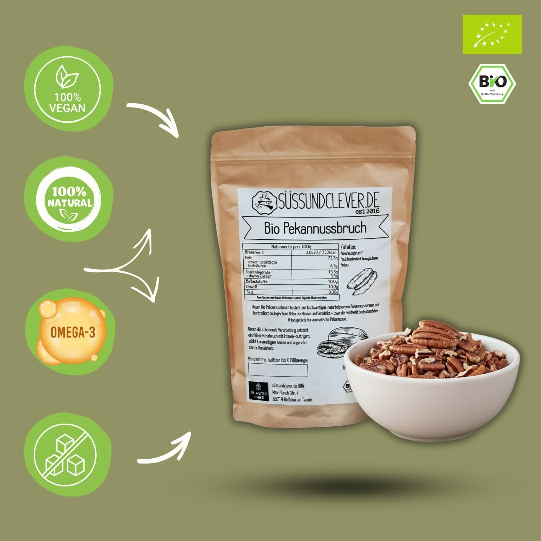 süssundclever.de® Bio Pekannusskerne | 1,0 kg | Pekannussbruch | Pekannussstücke | Pekannus | ökologisch-nachhaltig abgepackt