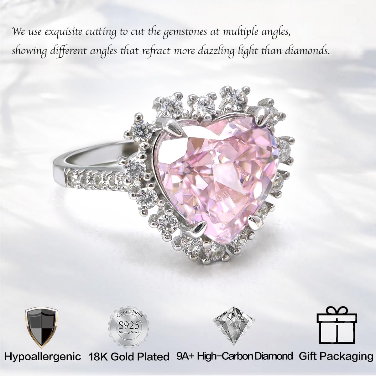 925 Sterling Silver Pink Heart Diamond Engagement Ring - Premium 18K White Gold Plated - Elegant Pink Ring for Women's Anniversary, Wedding