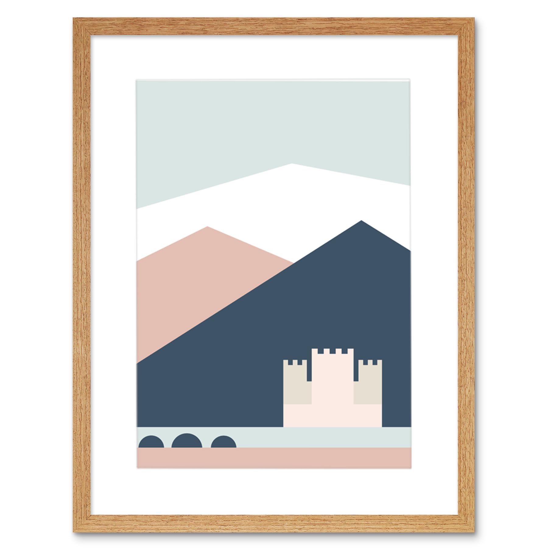 Wee Blue Coo Light Oak Pastel Geometric Shapes Eilean Donan Castle Lochalsh Scotland Framed Art Print