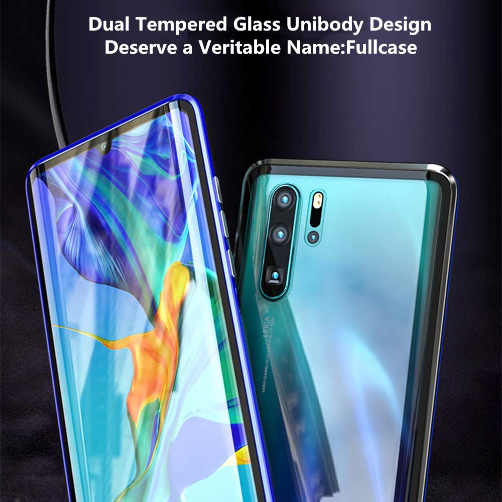 HaptiCase Cover per Huawei P30 Magnetica Custodia,Magnetico Adsorbimento Anteriore e Posteriore Trasparente Vetro Temperato Case Metallo Alluminio 360 Gradi Full Body Protezione - Blu