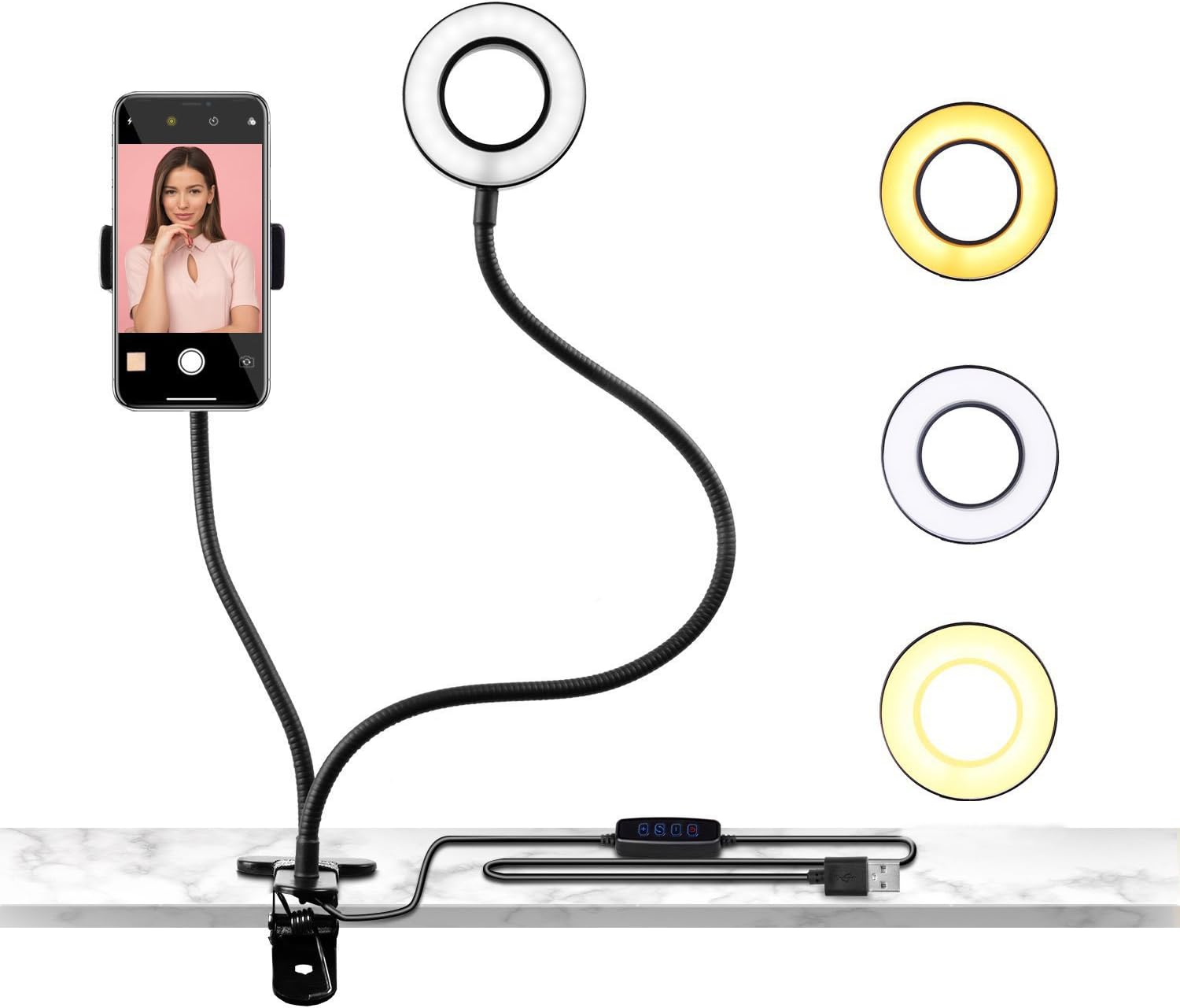 Ranpo Selfie Ring Light with 24โ Gooseneck Stand & Cell Phone Holder, 3-Light Mode, 10-Level Brightness, Social Media Influencer Live-Streaming Phone Mount and Light Kit