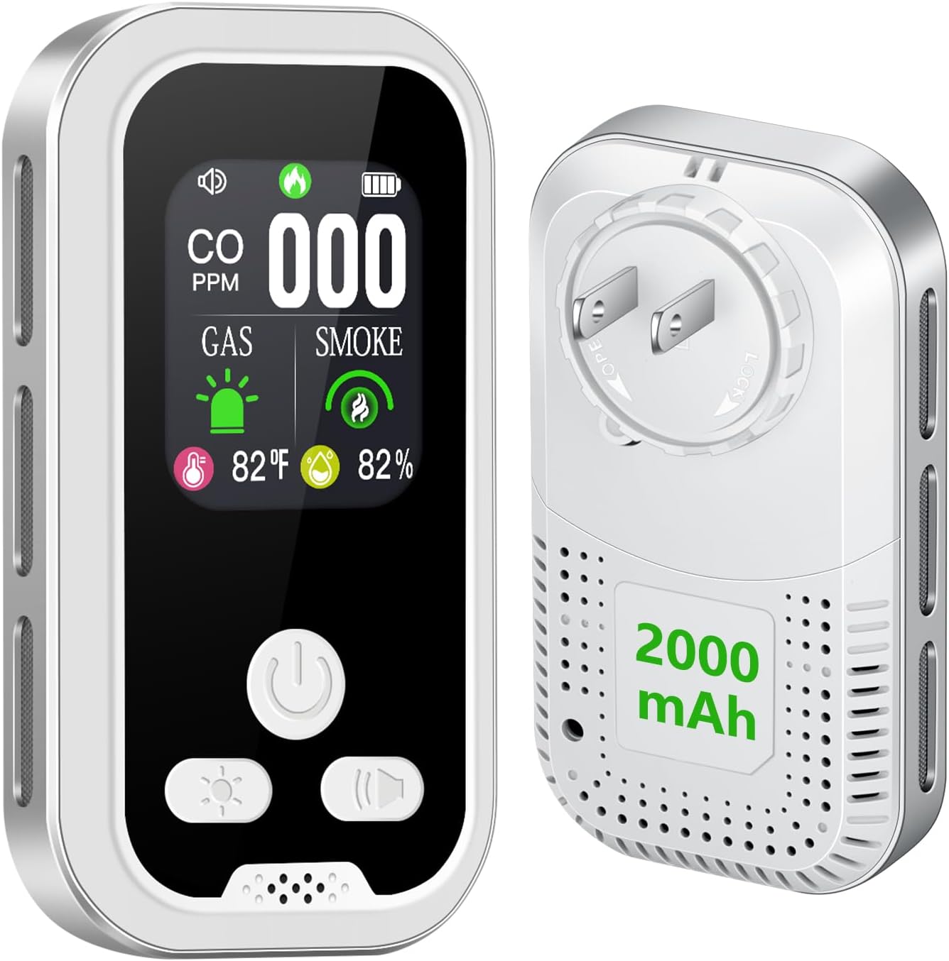 6-in-1 Carbon Monoxide Detectors Combo Smoke, Natural Gas Leak, CO Alarm, Temp/Humidity Sensor, Plug in & Portable Backup Battery CO Detector with HD Display with for Travel, Home, RV (1 Pack)