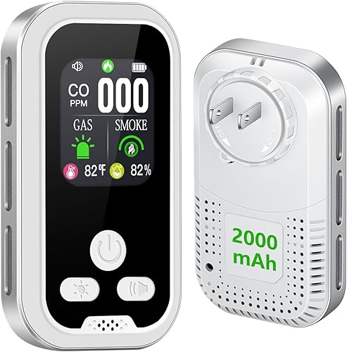 Detector de humo y monóxido de carbono portátil 5 en 1 con pantalla HD, enchufe para fugas de gas natural y alarma de CO con batería de respaldo