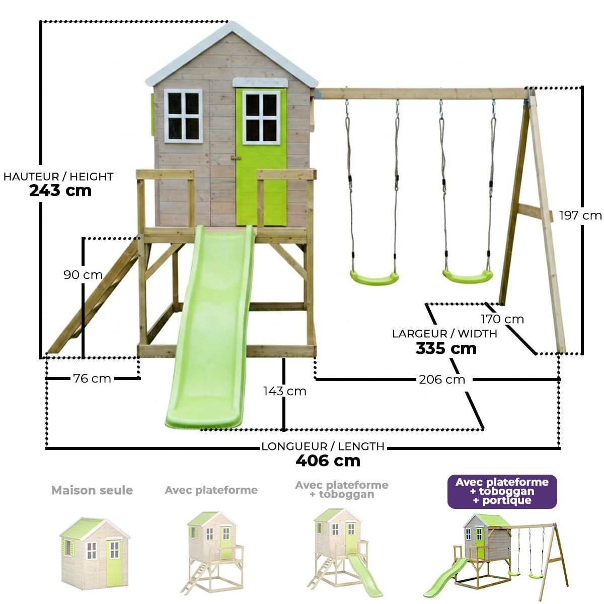 Kangui – Casa de jardín infantil exterior – Cabaña de madera con plataforma, tobogán y doble columpio – Techo impermeable – Verde y blanco