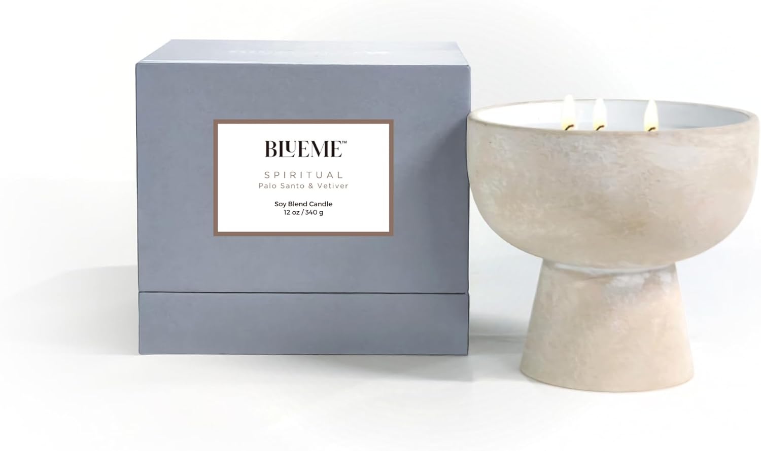 Blueme Spiritual Candle | Palo Santo & Vetiver | 3 Wick - Refillable Wellness Candle with Essential Oils, Hand Finished & Poured Soy Wax Blend Ceramic Vessel, Natural Cotton Wicks | Medium 12 oz