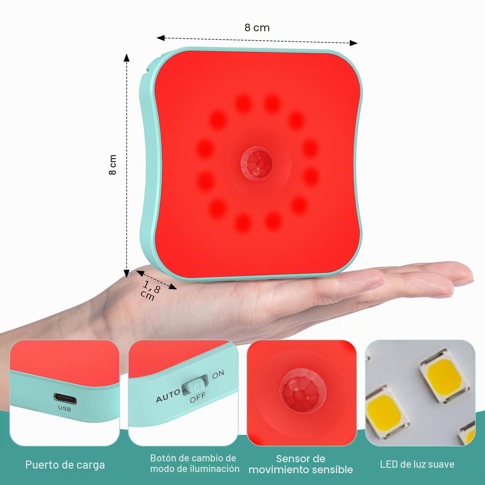 Luz roja con sensor de movimiento, luces nocturnas con batería recargable, luces rojas adhesivas magnéticas, luz roja de 670 nm, luces nocturnas para dormir, baño, dormitorio, escalera