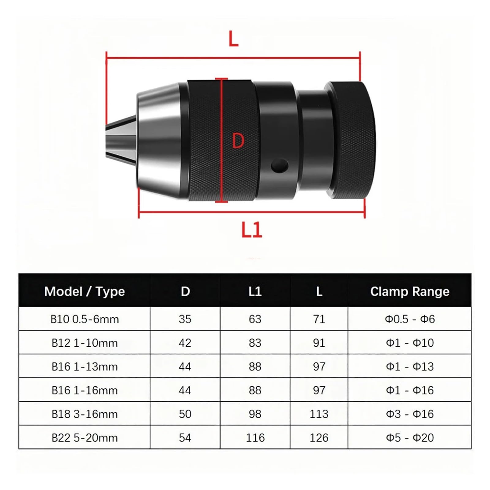 1x B10 B12 B16 B18 B22 Portabrocas sin llave perforación autoapretado abrazadera de bloqueo automático rango 0,5-6mm 1-10mm 1-13mm 1-16(B18 1-16mm)