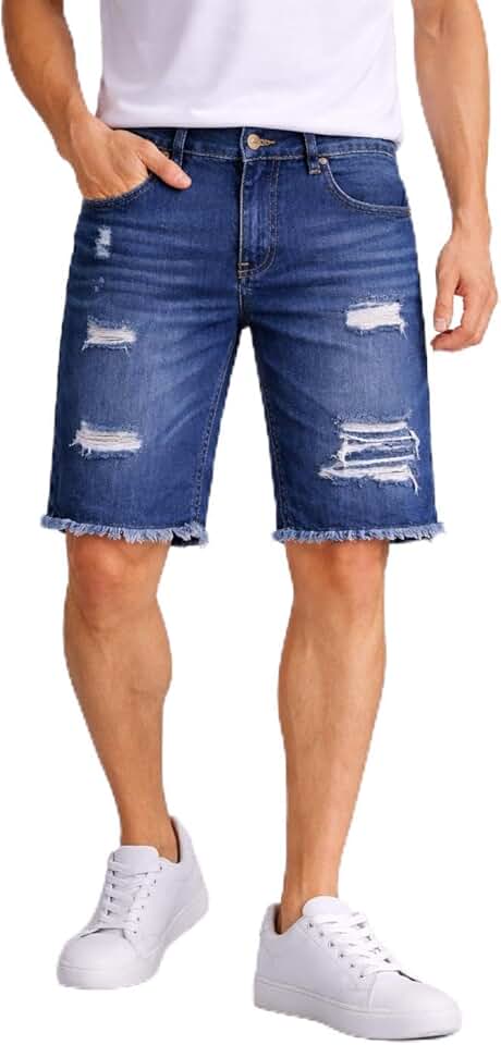 Bermuda Jeans Masculina Rasgada, Azul, Barra Desfiada, Estilo Destroyed, com Bolsos