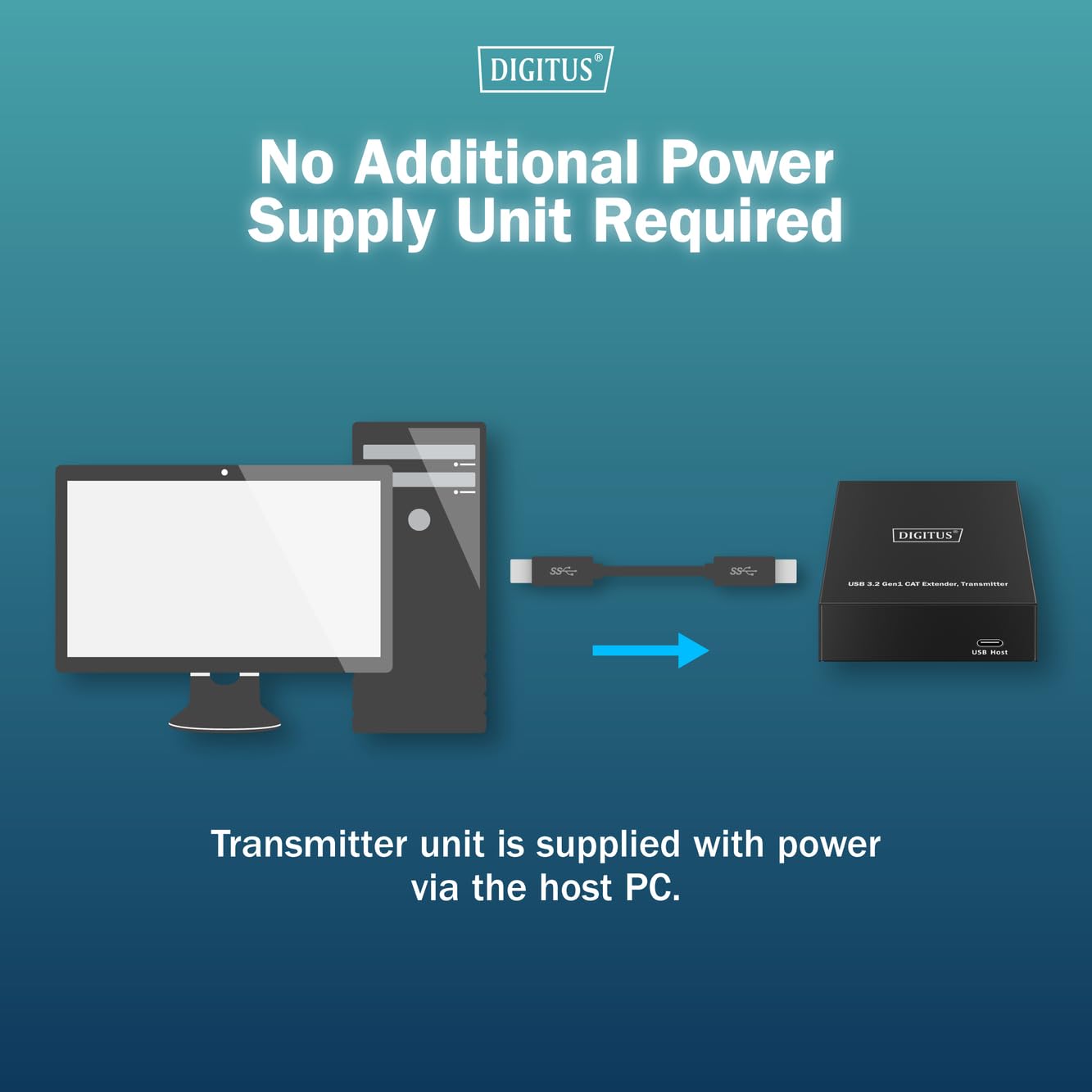 DIGITUS Ekstender USB 3.2 Gen1 przez Ethernet – 4-portowy hub USB – 3x Typ A, 1x Typ C – Zasięg 100 m z kablem sieciowym Cat 6 – 5 Gbps – Czarny