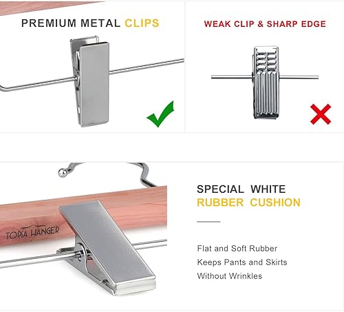 Miniatura 4 de TOPIA Hangger - Juego de 10 pantalones de madera natural de cedro rojo americano con pinzas ajustables antiarrugas de metal, ganchos cromados 360