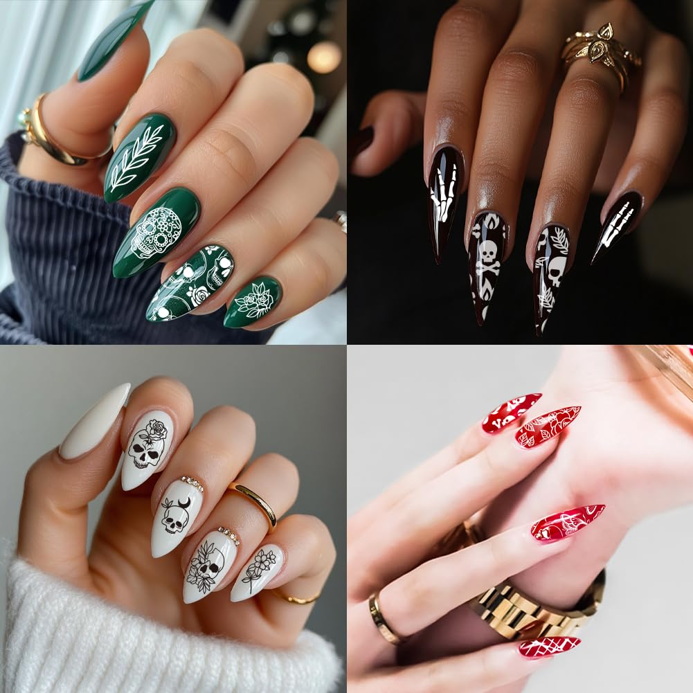 PH PandaHall 3 pz Timbro per Unghie con Teschio Gotico, 58 Modelli Scheletro Orrore Fiore Piastra per Stampaggio Unghie per Nail Design Stampa Manicure Salone Halloween