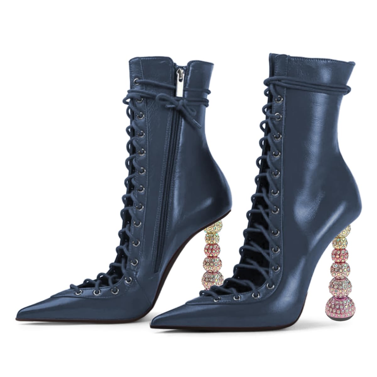 Zszszsu Womens Pointed Toe Ankle Boots with Lace Up Strap Rhinestone Embellished Ornamental High Heels Side Zipper Dressy