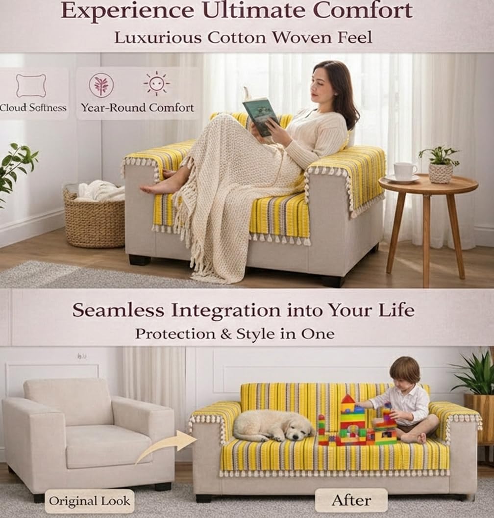 STITCHNEST Sofa Cover - Yellow Knitted Design -6 STITCHNEST Sofa Cover - Yellow Knitted Design -6
