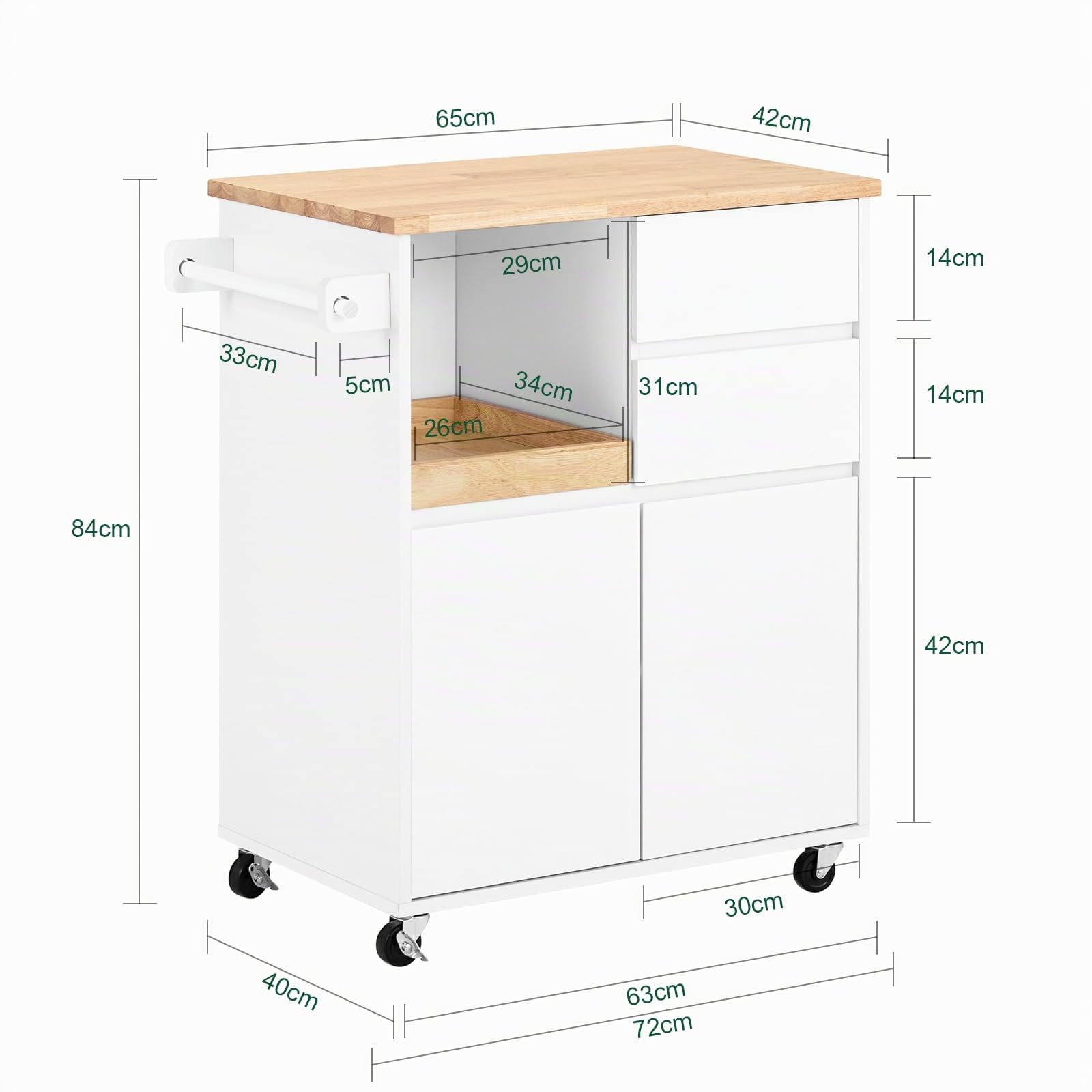 SoBuy Isla de Cocina con Ruedas con Freno y encimera, 72x84x40 cm, Cocina | Carrito Cocina con 2 cajones, 2 puertas, toallero y bandeja, gran almacenaje, carga de 77 kg, MDP/PB, para cocina, FKW123-WN