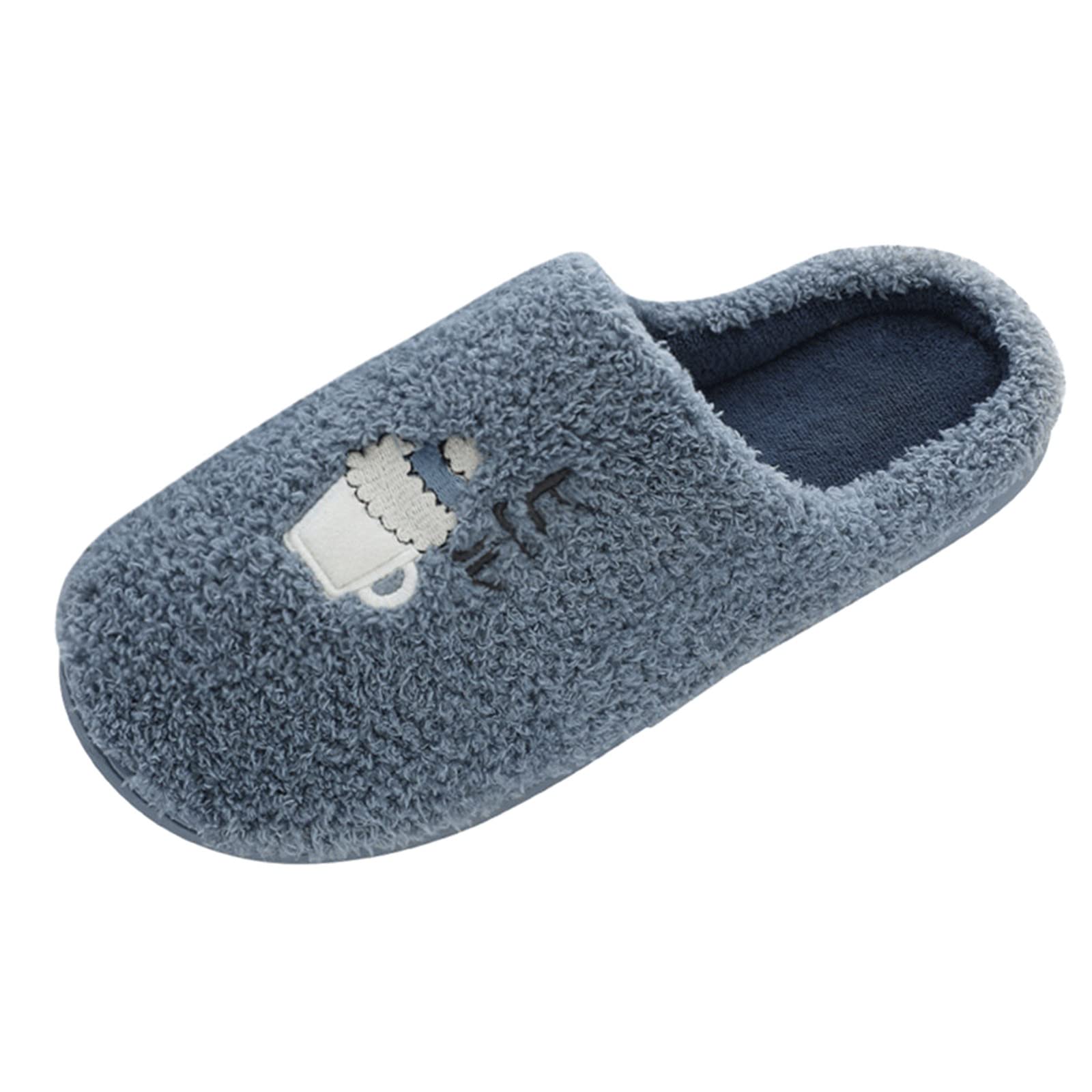 Couples Men Slip On Furry Flat Home Winter Round Toe Keep Warm Cartoon Slippers Leather Slippers for Men