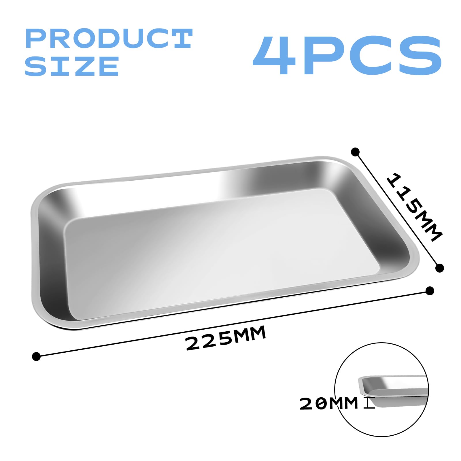 4 Pièces Plateau à Instruments, 22,5 x 11,5 x 2 cm Acier Inoxydable Plateau de Laboratoire, pour Outils de Laboratoire, Instruments