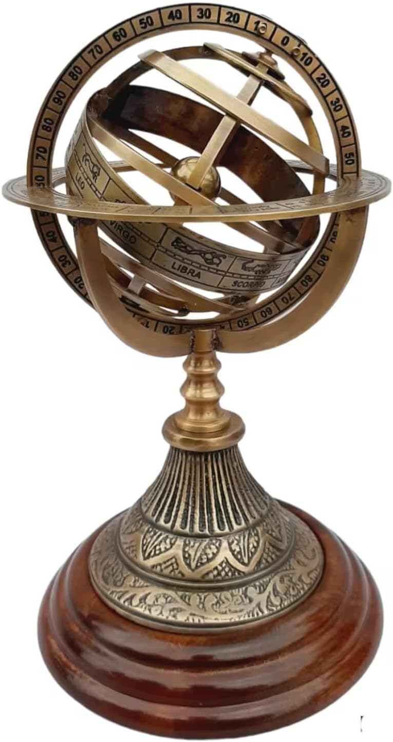 Brass Armillary Astrolabe Armillary Zodiac Engraved Wooden Base Nautical Brass Sphere Armillary Engraved Armillary 9" Height 4.5" Base