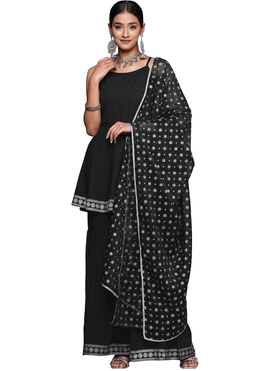Ziyaa Women's Black Crepe Kurta, Sharara And Dupatta Set
