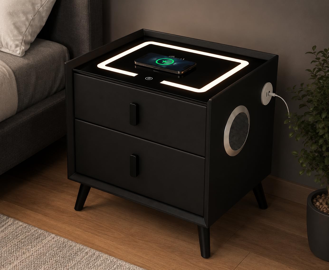 Comodino Smart con Ricarica Wireless, Bluetooth Audio, Luce LED, 2 Porte USB e 2 Cassetti, Tavolino da Camera Moderno 50x40x45 cm (Nero)