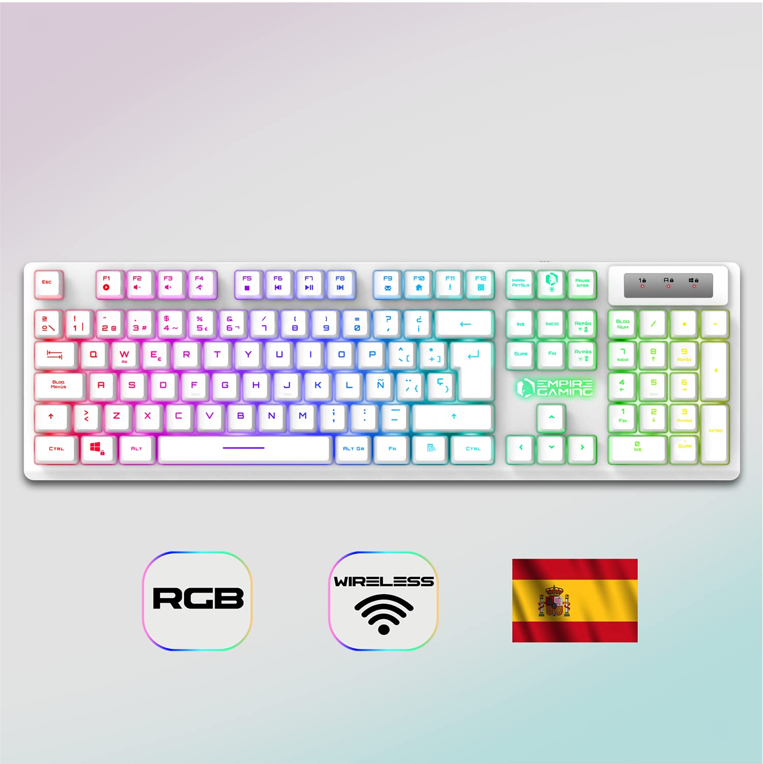 Empire Gaming - Armor RF800 Teclado y Ratón Para Gamers inalámbrico QWERTY (Layout Español) Con Mouse Pad - RGB Wireless 2.4Ghz Keyboard - 4800 DPI Mouse - PC PS4 PS5 Xbox One/Series Mac - Blanco