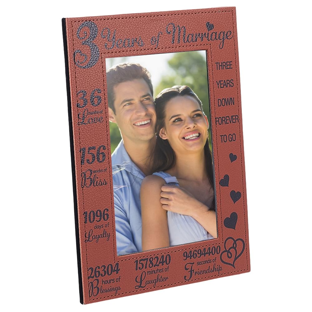 CALFOVERA 3rd Anniversary Picture Frame PU Leather Brown Engraved 4x6 Vertical Marriage 3 Years Down Forever to go Tabletop Hanging Photos Frames for Him Her Couple Men Women Gifts