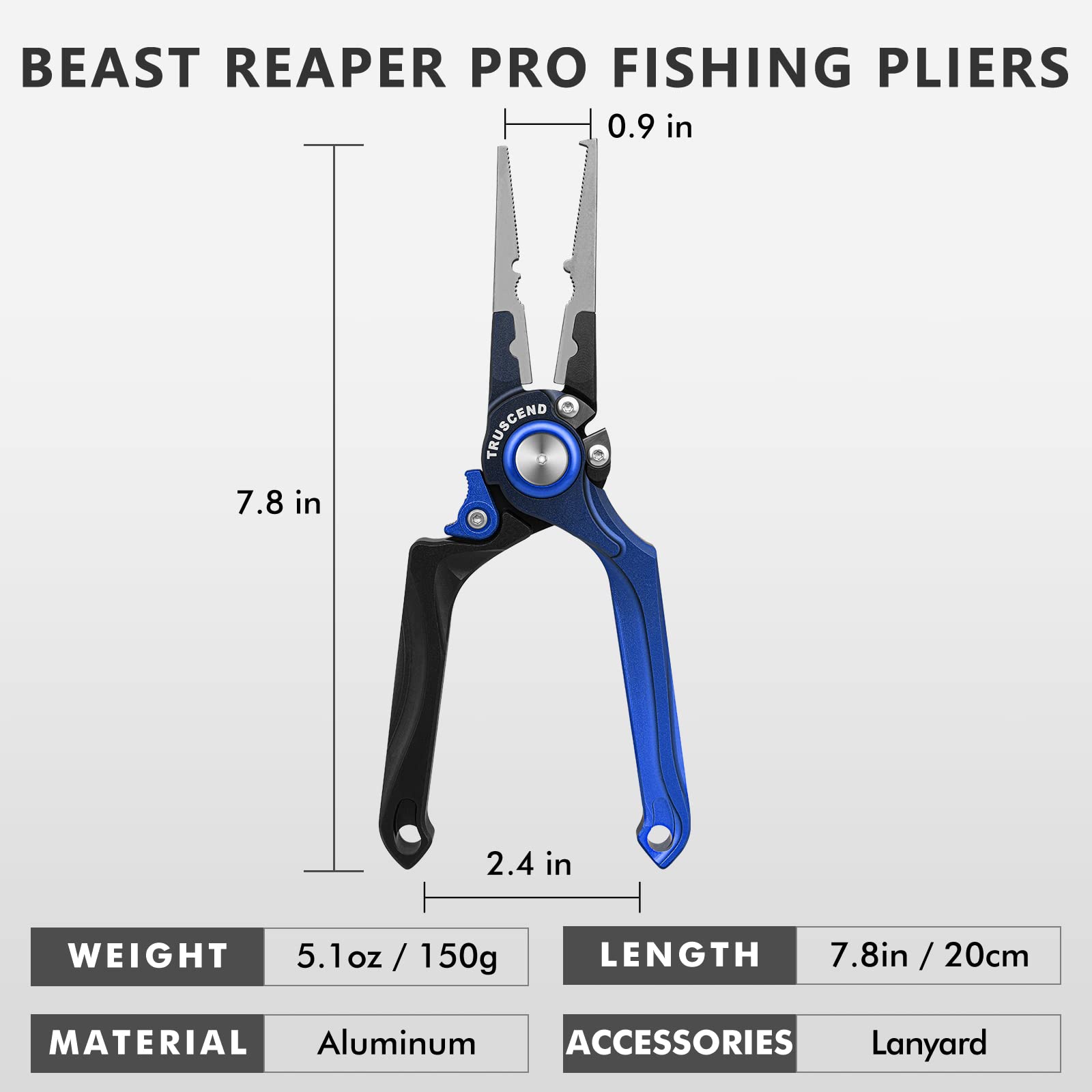 TRUSCEND Pince Multifonction Pêche Eau Salée - Ciseaux Coupe-Ligne, Extracteur Hameçons, Sertisseur, Aluminium Résistant Corrosion