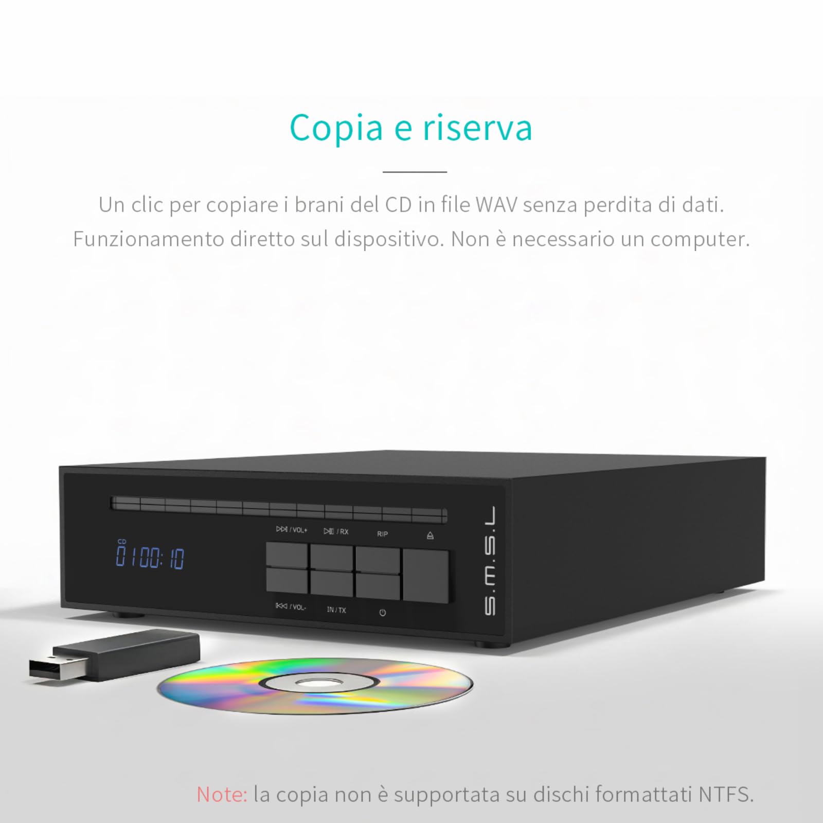 SMSL PL20 Lettore CD HiFi per Casa, con Funzione di Ripping CD, Bluetooth per Auto, 2 chip CS43131, Ingresso USB/Bluetooth, Uscite RCA/BT/3,5 mm/4,4 mm Bilanciata/Digitale Ottica/Coassiale (Nero)