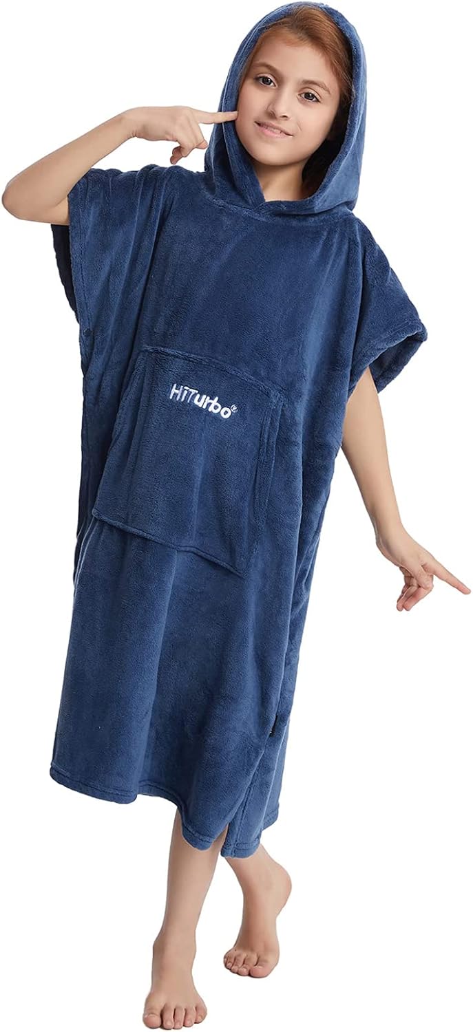 Hiturbo Kids Towel Changing Robe: Soft Plush Bath Towels - Warm Coral Fleece Hoodie - Swim Surf Poncho for 5-12 Years (Navy) - Image 3