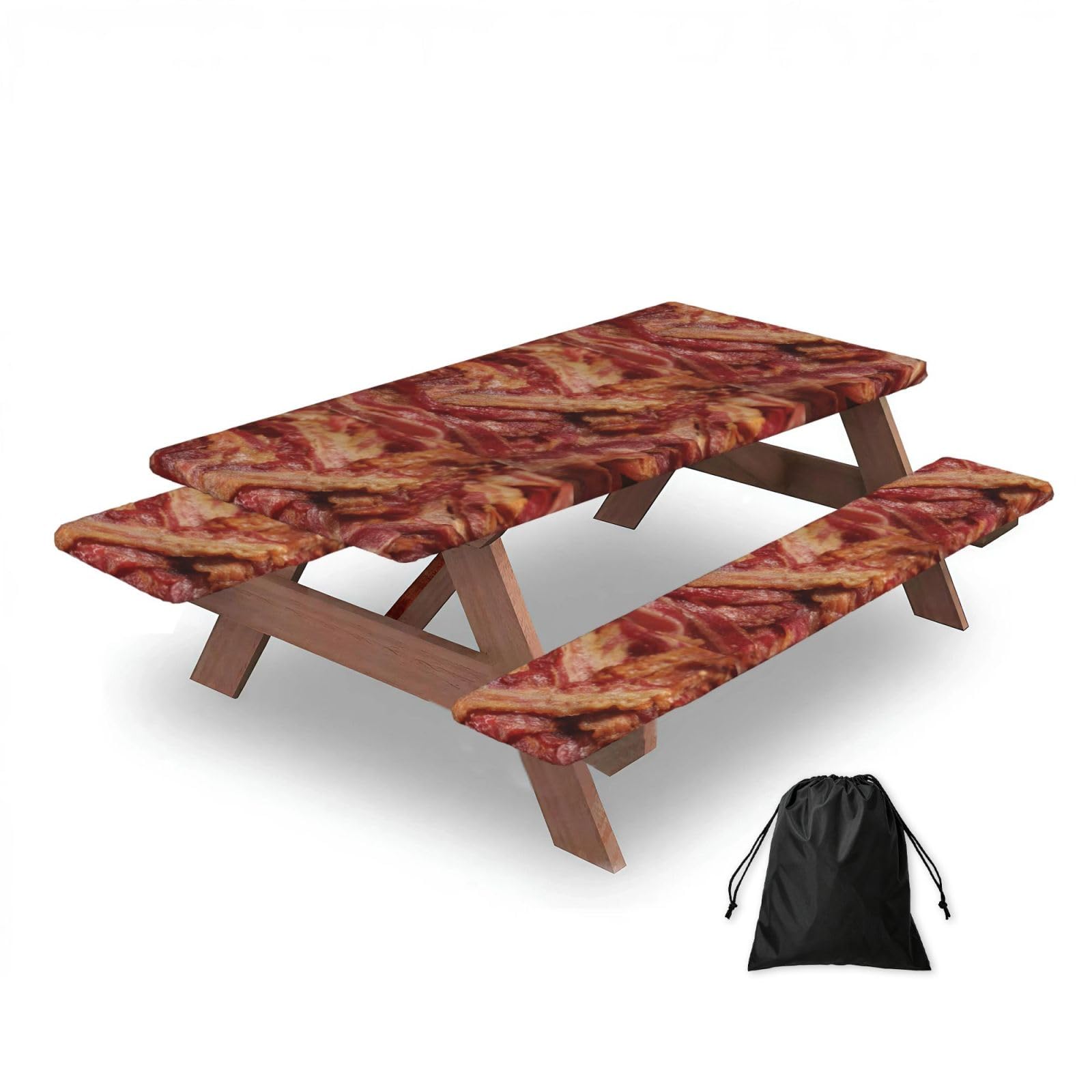 Dopklna As Picture Delicious Bacon Background, Picnic Table Cover With Bench Covers -Waterproof Elastic Fitted Tablecloth For Garden Camping Patio 76X152cm