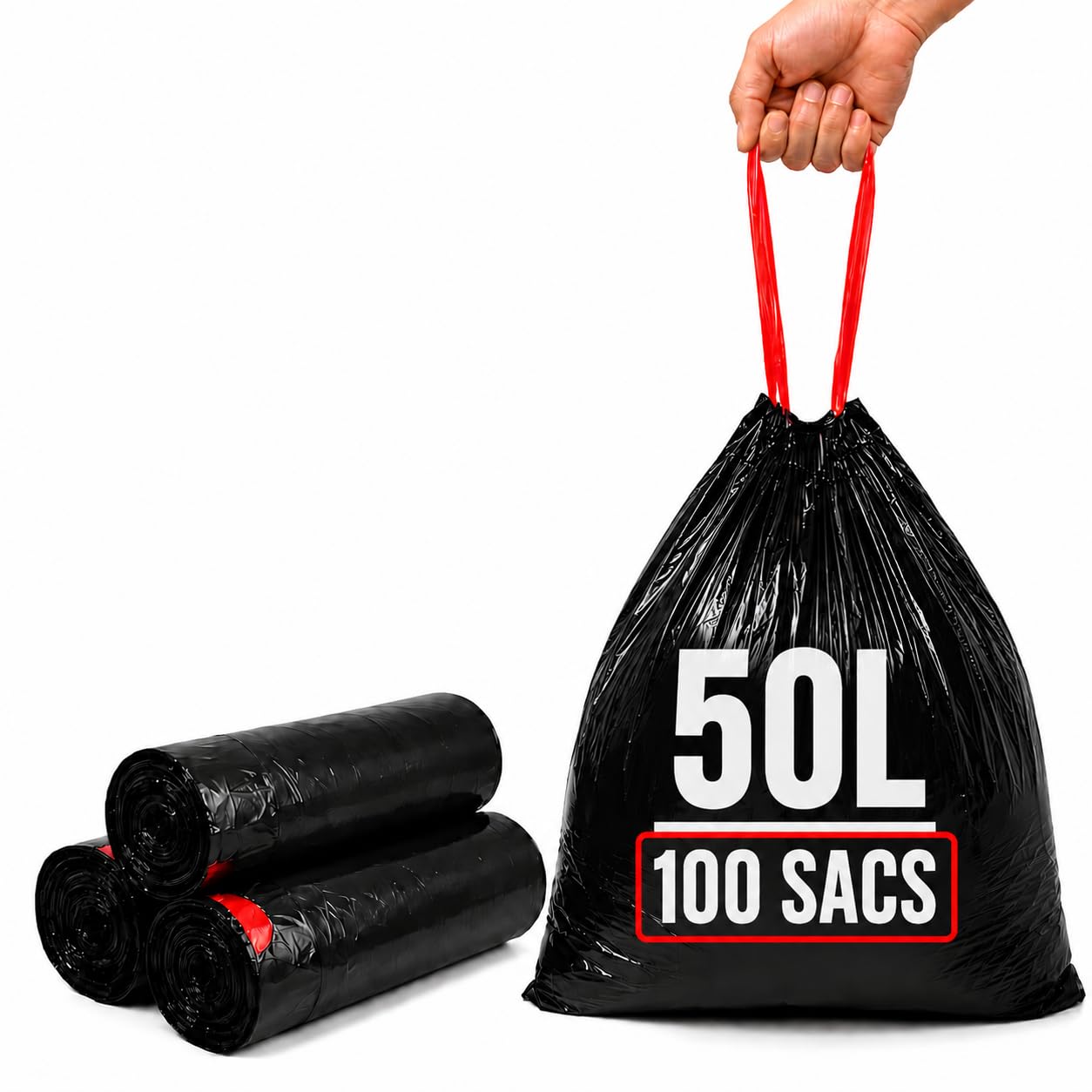 Bolsa de basura de 50 l, enlace deslizante | 100 bolsas de basura negras | ultra resistente e impermeable (35 µ) | Papelera de cocina | Cierre fácil | Anti fugas | Solución práctica e higiénica