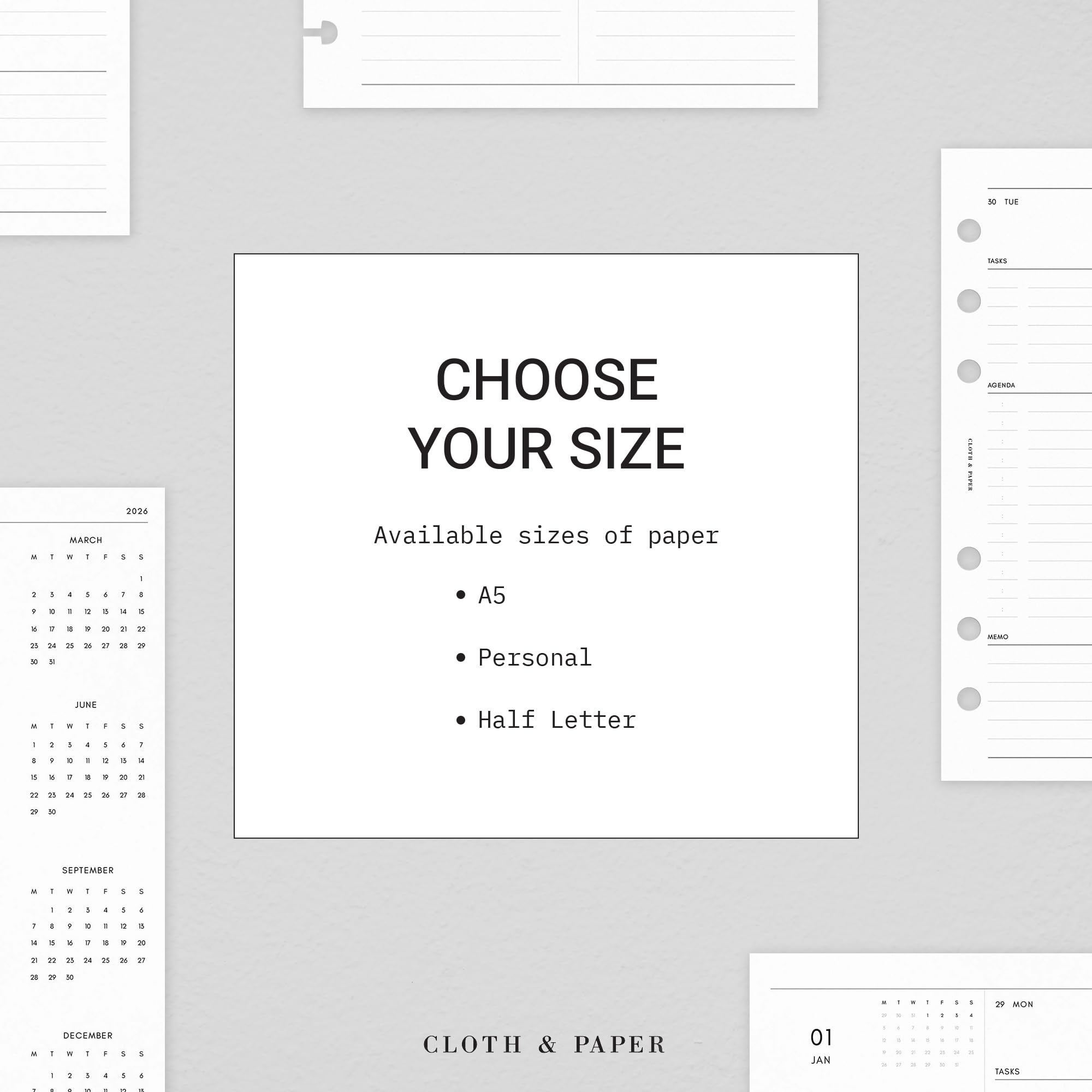 Cloth & Paper Inserti per agenda settimanale 2027 orizzontale, inizio lunedì, ricariche per planner personale, layout settimanale su 2 pagine con sezioni grafiche, anno a colpo d'occhio, pagine per
